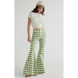 Free People Just Float On Printed Flare Jeans High Rise Green Plaid Size 29